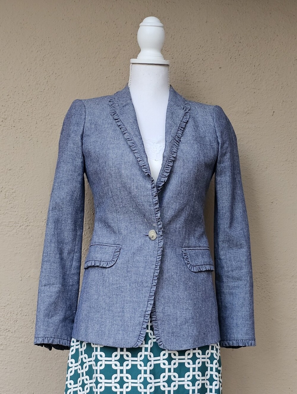 J. Crew Light Blue / Gray Chambray Ruffle Regent Blazer Sz 00